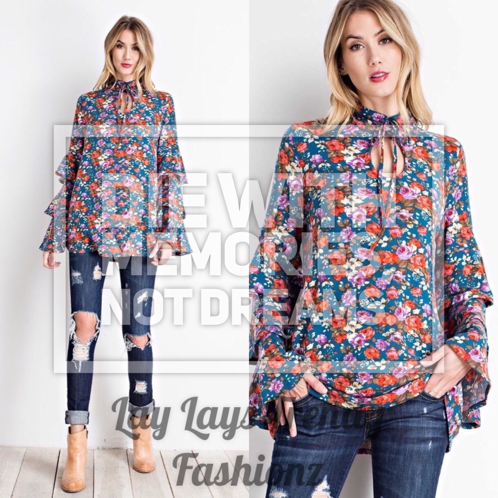 Sale LAST Floral Tunic- FADED TEAL - Picture 3 of 6